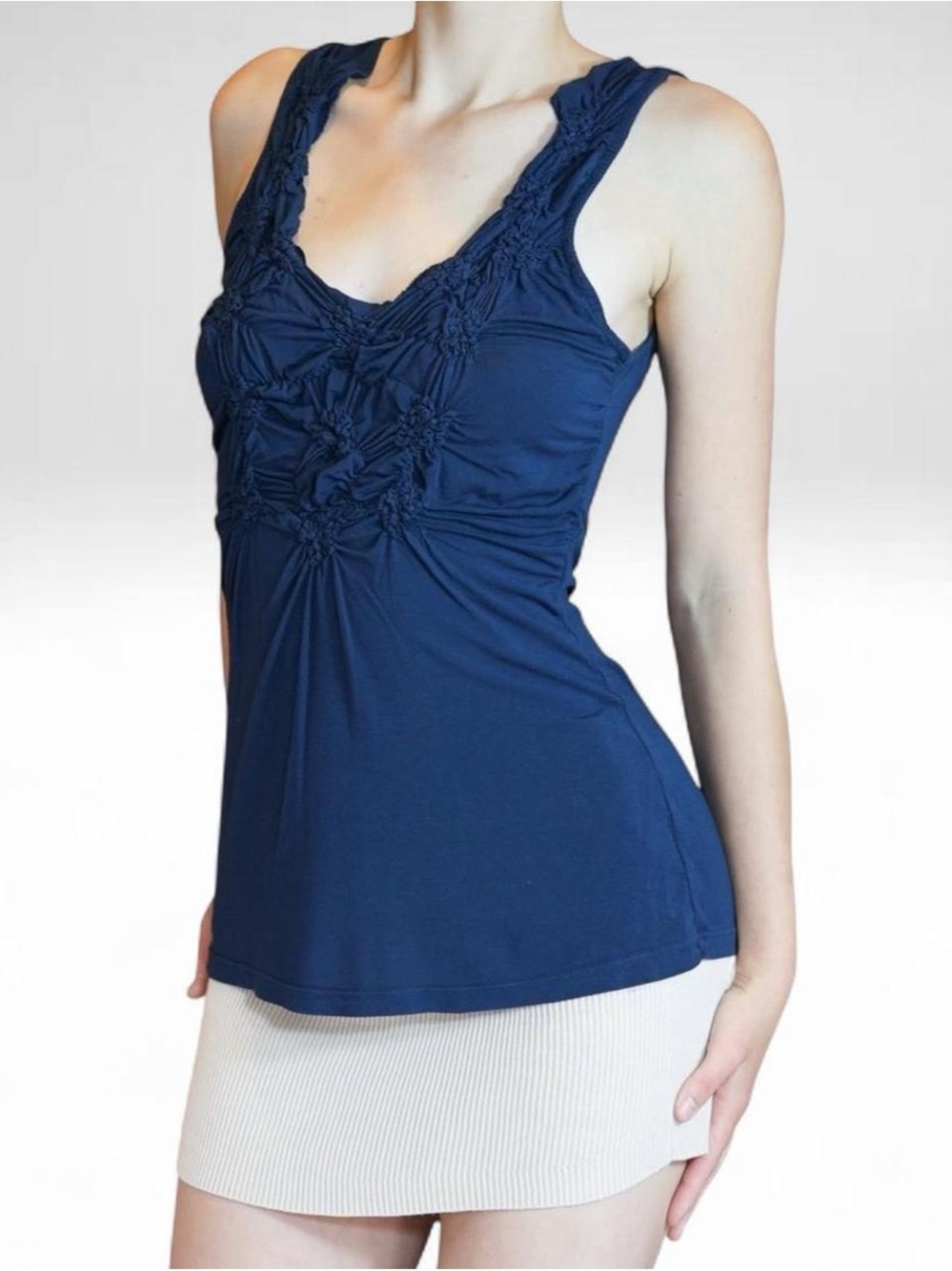 Ruched Smocked Deep V Tank Top Bordeaux Navy Blue Women’s M Y2K